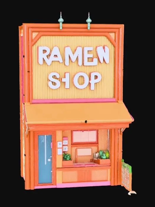 3D model for {"object":"comedic ramen shop building","material":"bamboo, plastic, neon signage, holographic steam vents","shape_form":"small squat hut with oversized ramen bowl roof, robot cat arms holding chopsticks, rotating menu screen","color_scheme":"warm oranges, off-white, with pink neon and mint accents","texture_details":"cel-shaded with thick line art, stylized food decals, steam puffs as holograms","style":"1990s anime cel, cartoon, parody","environment_use_context":"comic relief food stall for robot animals in Edo-future setting","reference_models":["Samurai Pizza Cats food shop","Tonkotsu Robo","Animal Crossing ramen stand"]}