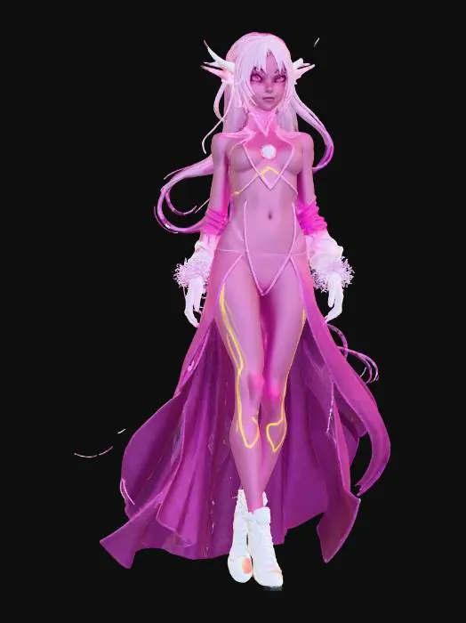 3D model for “ELF” Material: skin Shape/Form: Slim, dynamic exposed skin with angular shoulder Color Scheme: Neon magenta base with cyan gradients, white luminous trims, yellow energy runes; spark-style anime highlights Texture Details: Shimmering soft plastic with glowing ink lines, smooth fabric surfaces with motion blur gloss, stylized specular reflections Style: Anime (2.5D cel-anime shading with cyber-magical vibe) Reference Models: Inspired by Hatsune Miku x D.Va x Kill la Kill’s