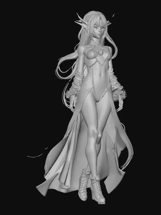 3D model for “ELF” Material: skin Shape/Form: Slim, dynamic exposed skin with angular shoulder Color Scheme: Neon magenta base with cyan gradients, white luminous trims, yellow energy runes; spark-style anime highlights Texture Details: Shimmering soft plastic with glowing ink lines, smooth fabric surfaces with motion blur gloss, stylized specular reflections Style: Anime (2.5D cel-anime shading with cyber-magical vibe) Reference Models: Inspired by Hatsune Miku x D.Va x Kill la Kill’s