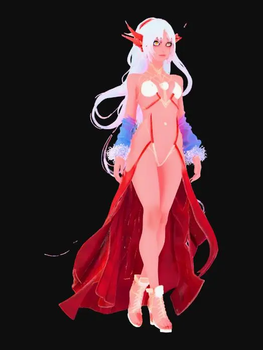 3D model for “ELF” Material: skin Shape/Form: Slim, dynamic exposed skin with angular shoulder Color Scheme: Neon magenta base with cyan gradients, white luminous trims, yellow energy runes; spark-style anime highlights Texture Details: Shimmering soft plastic with glowing ink lines, smooth fabric surfaces with motion blur gloss, stylized specular reflections Style: Anime (2.5D cel-anime shading with cyber-magical vibe) Reference Models: Inspired by Hatsune Miku x D.Va x Kill la Kill’s