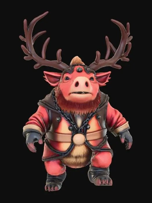 3D model for {"object":"Da Rokkit Reinda (Santa-Ork Reindeer Squig)","material":"bristly hide, welded scrap metal, leather, canvas, rusted chain","shape_form":"barrel-chested squig, boar-like body, squat and muscular with a wide blunt head","color_scheme":"dirty reds, rust-browns, oily blacks, and grimy steel","texture_details":"scarred hide, bristle texture, metal antlers with weld beads, rough canvas straps, spent casing bells, rocket soot and grime","style":"Cartoon","environment_use_context":"Warhammer 40K Ork Krumpmas parade, flying via crude rockets","reference_models":["Warhammer squigs","Ork machinery","bulldogs","boars","junkyard robots"]}
, #Christmas2025#