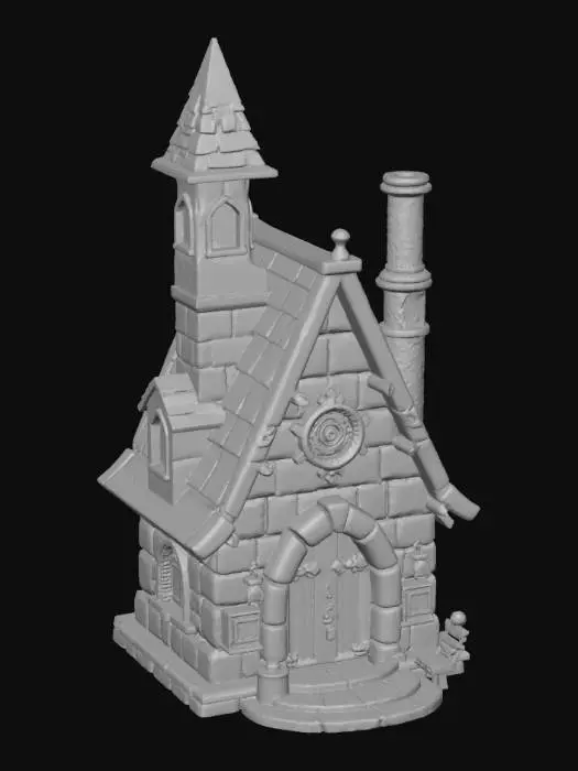 3D model for {"object":"Ork Krumpmas Chapel-Lodge","material":"stone, scrap metal, rusted steel, red fabric, glowing wires, chains, ammo belts, bottle caps","shape_form":"converted gothic chapel with armored walls, broken bell tower, bolted shutters, crooked chimney pipe, flapping banner and glowing glyph plate on roof","color_scheme":"stone gray, rust brown, Ork green, red cloth, glowing yellow and blue lights","texture_details":"dented shutters, stained stone, soot smears, flickering lamps, ammo garlands, welded glyphs, snow with burn marks","style":"Cartoon","environment_use_context":"Warhammer 40K Ork Krumpmas stronghold repurposed from Imperial chapel","reference_models":["Imperial Gothic architecture","Warhammer terrain","looted cathedral ruins","#Christmas2025#