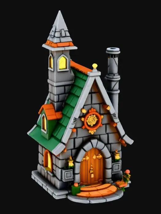 3D model for {"object":"Ork Krumpmas Chapel-Lodge","material":"stone, scrap metal, rusted steel, red fabric, glowing wires, chains, ammo belts, bottle caps","shape_form":"converted gothic chapel with armored walls, broken bell tower, bolted shutters, crooked chimney pipe, flapping banner and glowing glyph plate on roof","color_scheme":"stone gray, rust brown, Ork green, red cloth, glowing yellow and blue lights","texture_details":"dented shutters, stained stone, soot smears, flickering lamps, ammo garlands, welded glyphs, snow with burn marks","style":"Cartoon","environment_use_context":"Warhammer 40K Ork Krumpmas stronghold repurposed from Imperial chapel","reference_models":["Imperial Gothic architecture","Warhammer terrain","looted cathedral ruins","#Christmas2025#