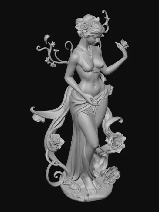 3D model for {"object":"feminine statue","material":"carved marble","shape_form":"elegant humanoid form with flowing ornamental extensions","color_scheme":"white with hints of soft gold in floral accents","texture_details":"high-frequency detailing including lace textures on the torso, swirling ribbons on limbs, floral engravings throughout","style":"Sculpture","environment_use_context":"museum display or aristocratic palace decor","reference_models":["18th century Rococo sculptures","Boucher-inspired female forms"]}