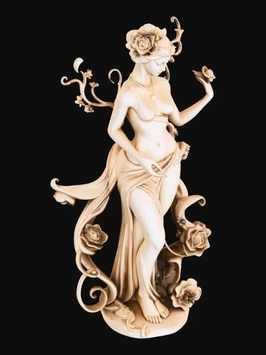 3D model for {"object":"feminine statue","material":"carved marble","shape_form":"elegant humanoid form with flowing ornamental extensions","color_scheme":"white with hints of soft gold in floral accents","texture_details":"high-frequency detailing including lace textures on the torso, swirling ribbons on limbs, floral engravings throughout","style":"Sculpture","environment_use_context":"museum display or aristocratic palace decor","reference_models":["18th century Rococo sculptures","Boucher-inspired female forms"]}