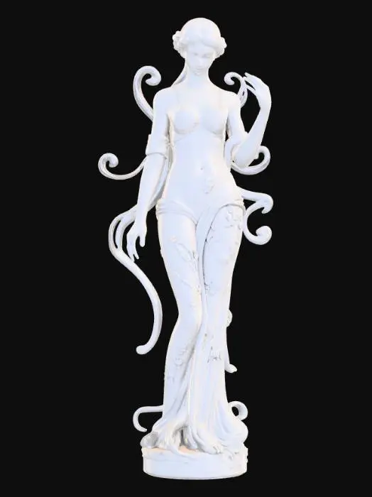 3D model for {"object":"feminine statue","material":"carved marble","shape_form":"elegant humanoid form with flowing ornamental extensions","color_scheme":"white with hints of soft gold in floral accents","texture_details":"high-frequency detailing including lace textures on the torso, swirling ribbons on limbs, floral engravings throughout","style":"Sculpture","environment_use_context":"museum display or aristocratic palace decor","reference_models":["18th century Rococo sculptures","Boucher-inspired female forms"]}