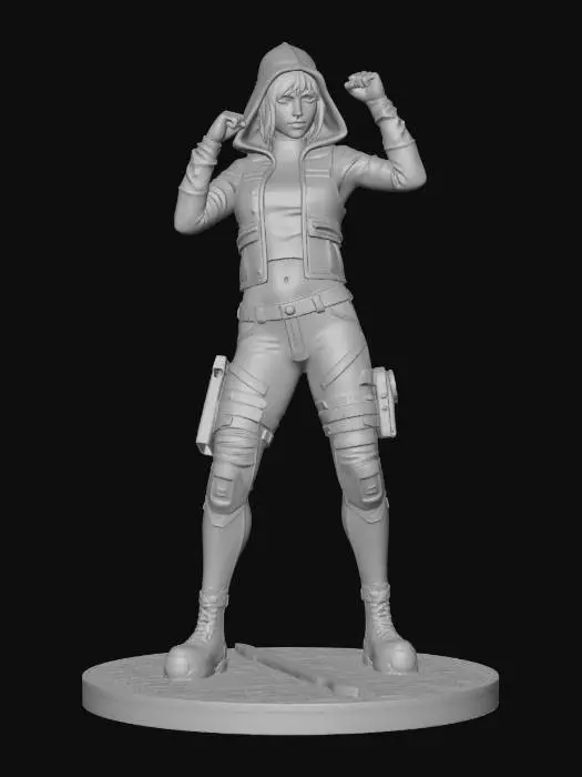 3D model for {"object":"strong confident female character","material":"tech-weave hoodie with reactive fabric, armored cropped vest with illuminated circuitry, utility pants with holographic patterns, reinforced high-top sneakers with embedded smart tech","shape_form":"early 20s female in A-pose with short asymmetrical hair, futuristic streetwear silhouette","color_scheme":"monochrome base with shifting neon accents in teal and orange","texture_details":"hyper-realistic fabrics with subtle gloss, glowing circuitry veins, holographic print textures, matte metallic footwear elements","style":"Realistic","environment_use_context":"futuristic city hub or sci-fi fashion showcase","reference_models":["Nike ISPA + Cyberpunk 2077","Bladerunner streetwear","Arknights-inspired realism"]}