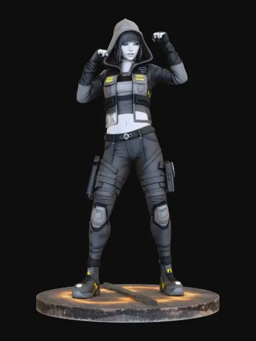 3D model for {"object":"strong confident female character","material":"tech-weave hoodie with reactive fabric, armored cropped vest with illuminated circuitry, utility pants with holographic patterns, reinforced high-top sneakers with embedded smart tech","shape_form":"early 20s female in A-pose with short asymmetrical hair, futuristic streetwear silhouette","color_scheme":"monochrome base with shifting neon accents in teal and orange","texture_details":"hyper-realistic fabrics with subtle gloss, glowing circuitry veins, holographic print textures, matte metallic footwear elements","style":"Realistic","environment_use_context":"futuristic city hub or sci-fi fashion showcase","reference_models":["Nike ISPA + Cyberpunk 2077","Bladerunner streetwear","Arknights-inspired realism"]}