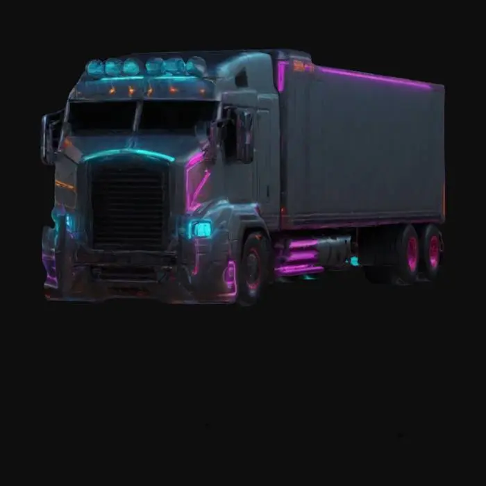 3D model for Subject: semi-truck, high-tech industrial hauler, neon-lit urban freight vehicle.
Style: Cyberpunk, dystopian, industrial, retro-futuristic, neon-soaked urban aesthetic.
Material: Reinforced metallic body with a matte black finish, glowing neon trim, holographic HUD, armored plating, PBR textures.
Details: Large cab, heavy-duty tires with hubcaps, extended cargo trailer.
Purpose:  VR-ready, HDR lighting, 8K rendering.