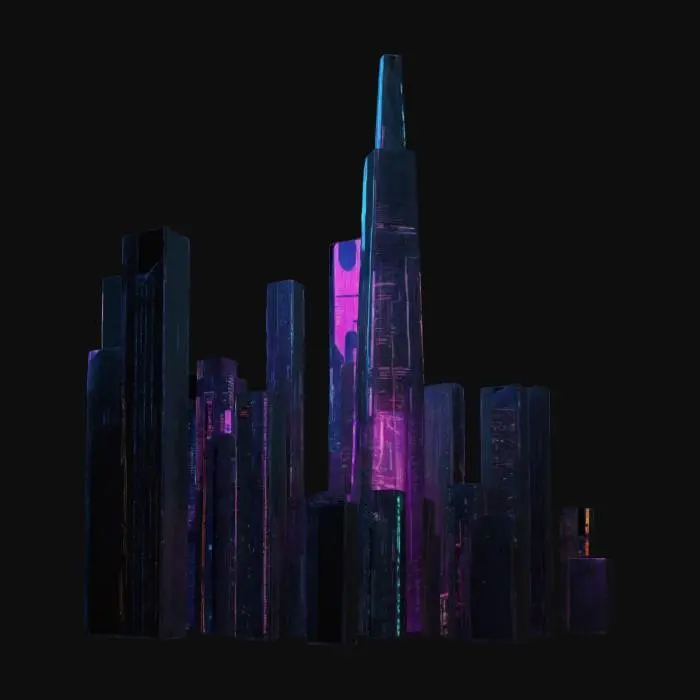 3D model for Subject:
Futuristic mega-city viewed from a birds-eye perspective, showcasing dense high-rise buildings, cyberpunk neon lights, and advanced infrastructure.

Style:
A blend of Cyberpunk and Sci-Fi aesthetics with influences from Blade Runner and Ghost in the Shell. Features neon-lit skyscrapers, holographic billboards, and industrial structures.

Material:
Skyscrapers made of glass, steel, and carbon fiber composites with reflective surfaces and neon accents. 