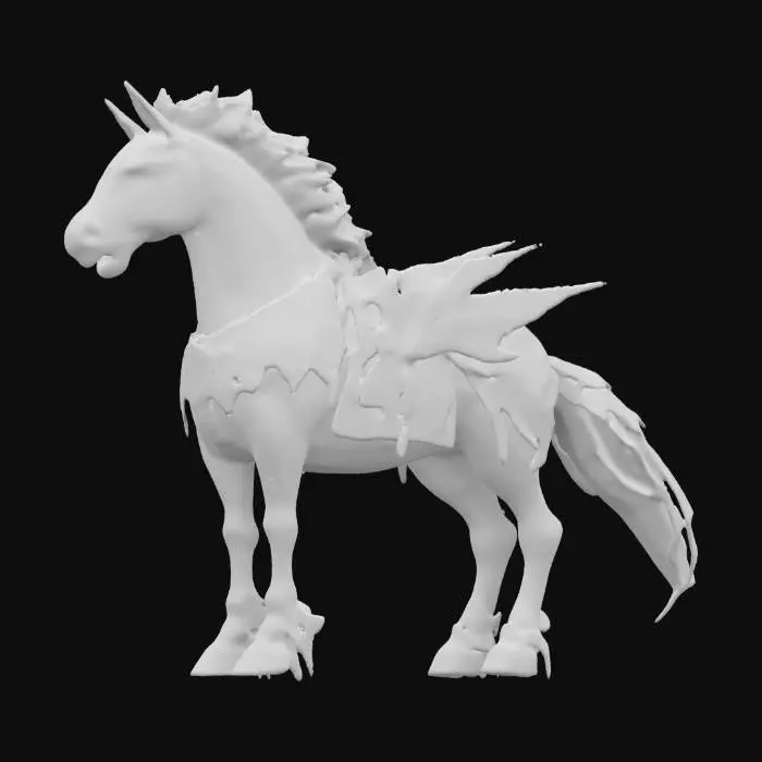 3D model for Subject: Black Horse of the Apocalypse, an ominous warhorse embodying doom and destruction.
Style: Dark fantasy, mythological, and heavily detailed.
Material: Shadow-infused black armor with engraved ancient runes, glowing crimson eyes, ethereal mist mane and tail.
Details: A towering, muscular warhorse clad in cracked, battle-worn black armor adorned with mystical engravings. Its eyes burn with an eerie crimson glow. The mane and tail flow like living shadow mist, moving as if sentient.