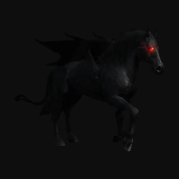 3D model for Subject: Black Horse of the Apocalypse, an ominous warhorse embodying doom and destruction.
Style: Dark fantasy, mythological, and heavily detailed.
Material: Shadow-infused black armor with engraved ancient runes, glowing crimson eyes, ethereal mist mane and tail.
Details: A towering, muscular warhorse clad in cracked, battle-worn black armor adorned with mystical engravings. Its eyes burn with an eerie crimson glow. The mane and tail flow like living shadow mist, moving as if sentient.