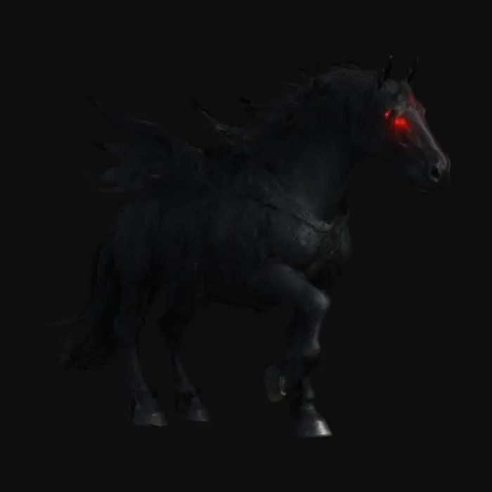 3D model for Subject: Black Horse of the Apocalypse, an ominous warhorse embodying doom and destruction.
Style: Dark fantasy, mythological, and heavily detailed.
Material: Shadow-infused black armor with engraved ancient runes, glowing crimson eyes, ethereal mist mane and tail.
Details: A towering, muscular warhorse clad in cracked, battle-worn black armor adorned with mystical engravings. Its eyes burn with an eerie crimson glow. The mane and tail flow like living shadow mist, moving as if sentient.