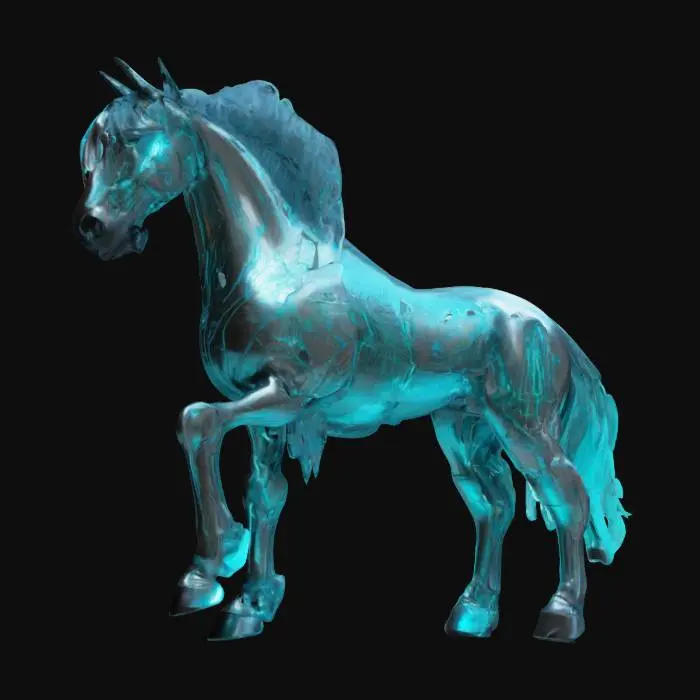 3D model for cyberpunk warhorse; polished chrome body with reflective surfaces, glowing cyan cybernetic veins, and an iridescent plasma mane. Digital circuit patterns subtly etched into the metallic plating. High-energy neon underglow beneath the hooves, shifting hues with movement. Synthetic cyber skin layered over exoskeletal joints for a seamless blend of organic and mechanical. Optimized for HDR lighting, emphasizing reflections and glow.
