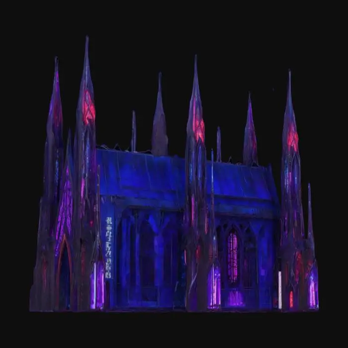 3D model for A futuristic high-tech skyscraper blending Neo-Gothic architecture with a cyberpunk aesthetic. The structure features towering spires, pointed arches, and intricate lattice designs, illuminated by neon-lit edges. The exterior combines dark metal, reflective glass, and aged stone, accented with vibrant blue, purple, and crimson neon lights. The facade is adorned with holographic stained-glass windows, glowing arcane symbols, and cybernetic gargoyles. 
