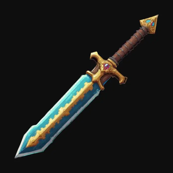 3D model for Subject: Retro-inspired pixel art sword, designed for action RPG gameplay.
Style: 8-bit and 16-bit pixelated aesthetic, low-poly, classic adventure game-inspired.
Material: Metallic pixelated blade with a wooden or jewel-encrusted hilt.
Details: Square-edged pixels, limited color palette, chiptune-style shading, dithering for texture.
Purpose: Game asset for an action RPG, optimized for retro-style pixel graphics with a 3D voxel effect., #ChronoForgeWeapon#