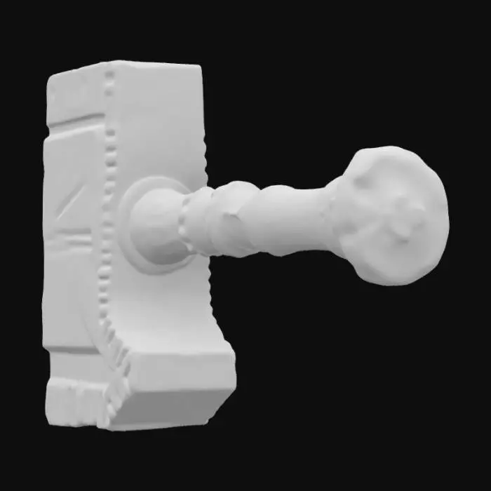 3D model for "A massive war maul crafted from a single piece of rugged granite, with a weathered surface and deep primitive carvings etched into the stone. The handle is wrapped in coarse animal hide for grip, showing signs of wear and age. The head of the maul is irregular yet balanced, featuring jagged edges and cracks from countless battles. Small bone trinkets and leather straps dangle from the handle, adding a tribal warrior aesthetic.", #ChronoForgeWeapon#