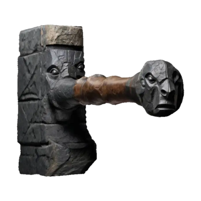 "A massive war maul crafted from a single piece of rugged granite, with a weathered… 3D model, vytvořený pomocí AI
