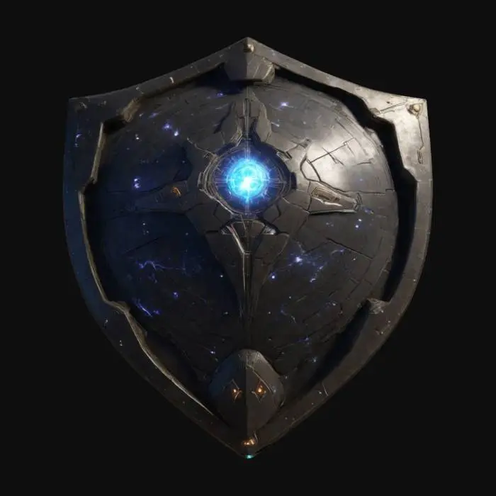 3D model for A massive shield containing a captured singularity, its surface reflecting no light. When raised, it pulls in nearby energy and matter, neutralizing incoming attacks. The edges are lined with gravitational nodes, capable of repelling projectiles or crushing enemies. PBR dark matter textures, gravitational warping effects, and subtle space-time ripples., #ChronoForgeWeapon#