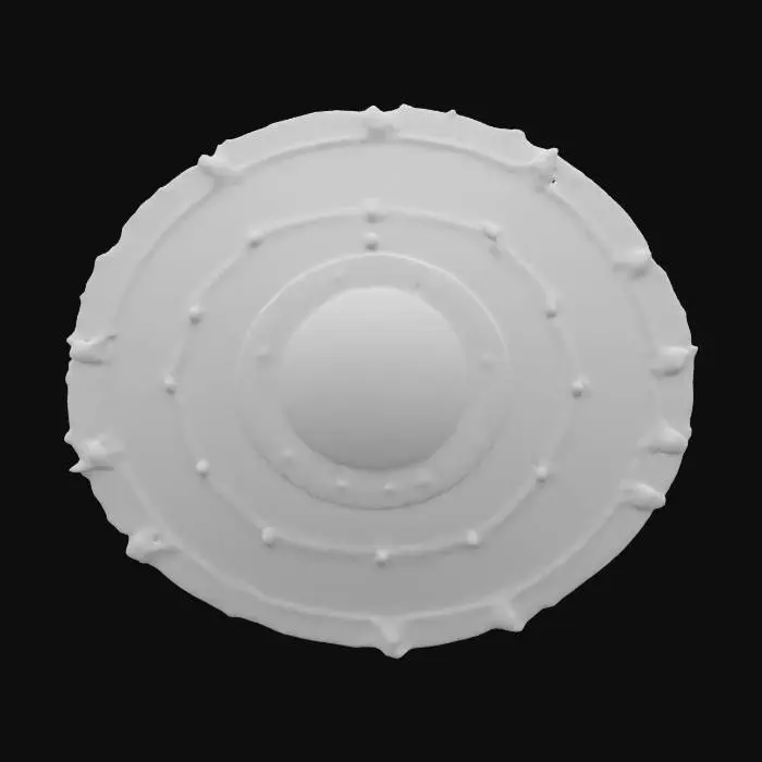 3D model for A massive shield containing a captured singularity, its surface reflecting no light. When raised, it pulls in nearby energy and matter, neutralizing incoming attacks. The edges are lined with gravitational nodes, capable of repelling projectiles or crushing enemies. PBR dark matter textures, gravitational warping effects, and subtle space-time ripples., #ChronoForgeWeapon#