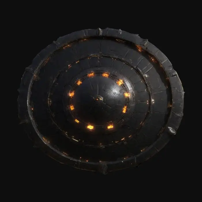 3D model for A massive shield containing a captured singularity, its surface reflecting no light. When raised, it pulls in nearby energy and matter, neutralizing incoming attacks. The edges are lined with gravitational nodes, capable of repelling projectiles or crushing enemies. PBR dark matter textures, gravitational warping effects, and subtle space-time ripples., #ChronoForgeWeapon#