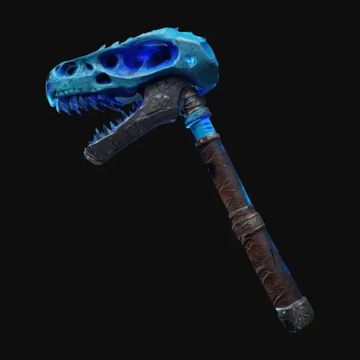 3D model for 🌀 Description: A chunky, oversized war hammer with a prehistoric twist! The head is a massive dinosaur skull reinforced with metal plating, while neon-blue energy coils pulse along the cracks. The handle is wrapped in thick leather, with glowing runes that spark when swung.
📏 Size & Shape: Massive and exaggerated, oversized dino skull head.
🎨 Colors & Materials: Bone-white, bright neon blue, dark brown leather. #ChronoForgeWeapon#