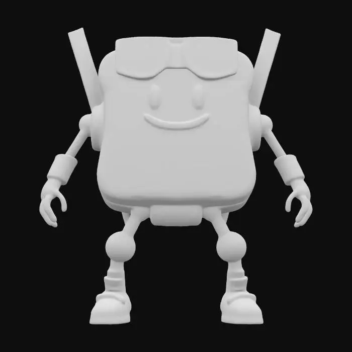 3D model for "A sentient, cartoonish slice of golden-brown toast with expressive eyes, robotic chrome arms and legs, and a butter-fueled jetpack. Wears a high-tech visor displaying glowing holographic data. One arm is a multi-tool butter knife, transforming into an energy sword. Legs have mechanical pistons but make squeaky noises. Walks robotically, leaving a trail of crumbs. Stylized textures with a glossy metal finish and exaggerated cartoon proportions, #ChronoForgeWeapon#