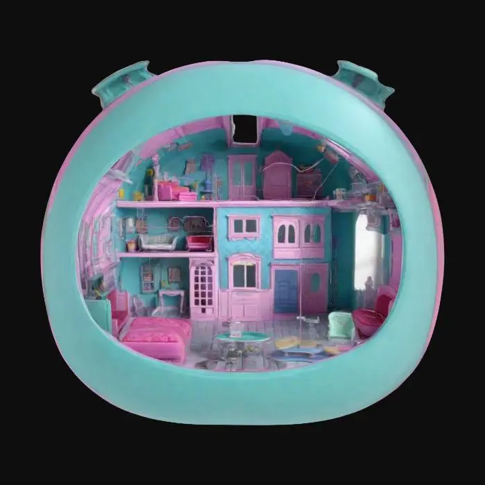 3D model for Subject: A realistic Polly Pocket-style miniature dollhouse with intricate, functional design.
Style: Hyper-realistic, detailed textures, high-poly model with functional moving parts.
Material: Plastic casing with a glossy finish, tiny fabric furniture details, metallic hinges, and soft rubber accessories.
Details: A clamshell-shaped Polly Pocket playset with a snap closure. Inside, it contains a realistic miniature environment (e.g., a bedroom, a kitchen, or a fantasy castle).
