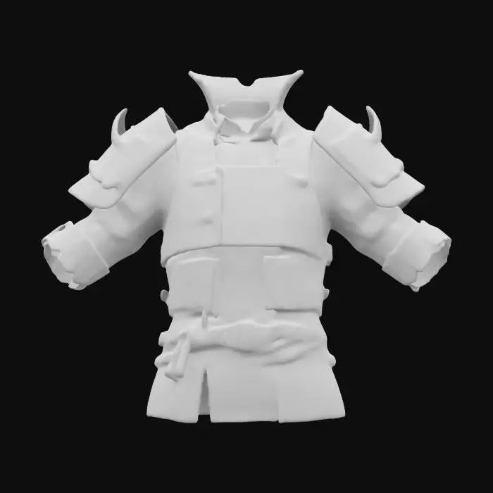 3D model for A traditional samurai cuirass, its lacquered plates infused with futuristic energy shielding. The chestpiece bears the Kamon crest, which glows when activated. The shoulder guards extend into semi-transparent force fields, repelling incoming attacks. The entire suit hums with an ancient battle spirit that chants in Edo-period poetry. PBR textures: polished iron, matte lacquer, and glowing blue light, #ChronoForgeWeapon#