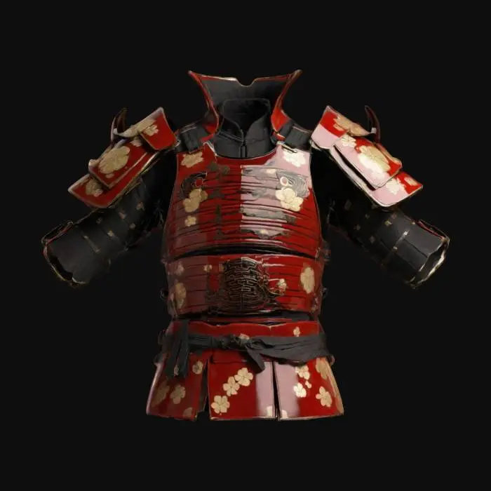 3D model for A traditional samurai cuirass, its lacquered plates infused with futuristic energy shielding. The chestpiece bears the Kamon crest, which glows when activated. The shoulder guards extend into semi-transparent force fields, repelling incoming attacks. The entire suit hums with an ancient battle spirit that chants in Edo-period poetry. PBR textures: polished iron, matte lacquer, and glowing blue light, #ChronoForgeWeapon#