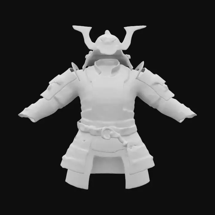 3D model for A traditional samurai cuirass, its lacquered plates infused with futuristic energy shielding. The chestpiece bears the Kamon crest, which glows when activated. The shoulder guards extend into semi-transparent force fields, repelling incoming attacks. The entire suit hums with an ancient battle spirit that chants in Edo-period poetry. PBR textures: polished iron, matte lacquer, and glowing blue light, #ChronoForgeWeapon#