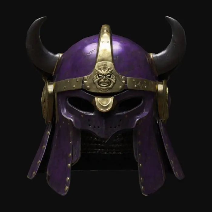 3D model for The Shogun’s Infinity Helm
"A fearsome samurai helmet, its faceplate shifting between traditional iron and a smooth energy shield. When worn, time around the user subtly distorts, reflecting echoes of past battles. Occasionally, it releases a deep war drum beat. PBR materials: aged steel, polished gold accents, and flickering purple energy fields.", #ChronoForgeWeapon#