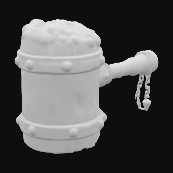 3D model for "A colossal, oakwood hammer with runed iron bands securing its structure. The head is shaped like a massive drinking tankard, complete with a frothing, golden ale-like glow spilling over the rim. The handle is wrapped in braided bear-hide leather, reinforced with heavy brass studs. A small, silver drinking horn is attached to the pommel with a wrought-iron chain.", #ChronoForgeWeapon#