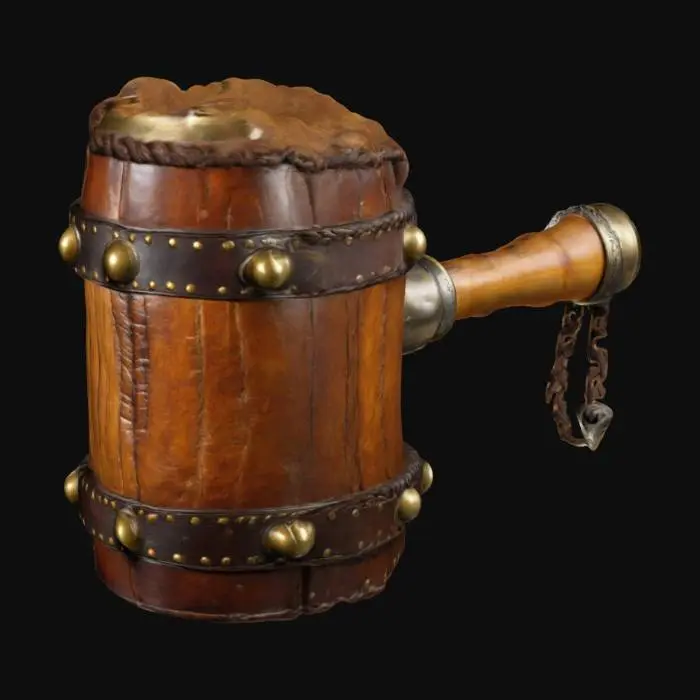 3D model for "A colossal, oakwood hammer with runed iron bands securing its structure. The head is shaped like a massive drinking tankard, complete with a frothing, golden ale-like glow spilling over the rim. The handle is wrapped in braided bear-hide leather, reinforced with heavy brass studs. A small, silver drinking horn is attached to the pommel with a wrought-iron chain.", #ChronoForgeWeapon#