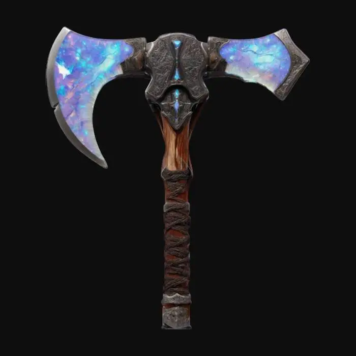 3D model for The Meteor Axe – Starfall Cleaver
A double-headed battle axe, its massive jagged blades forged from a dark meteorite, veined with glowing silver streaks. The central socket contains a cracked, iridescent opal, pulsing with a faint glow. The haft is made of petrified wood, wrapped in braided mammoth hide with bone studs lining its length., #ChronoForgeWeapon#