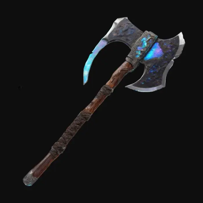 3D model for The Meteor Axe – Starfall Cleaver
A double-headed battle axe, its massive jagged blades forged from a dark meteorite, veined with glowing silver streaks. The central socket contains a cracked, iridescent opal, pulsing with a faint glow. The haft is made of petrified wood, wrapped in braided mammoth hide with bone studs lining its length., #ChronoForgeWeapon#