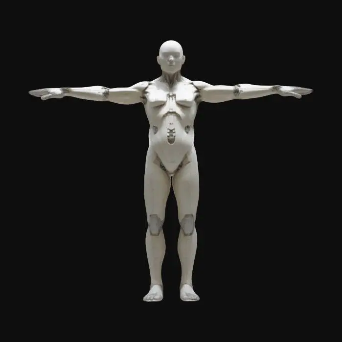 3D model for "A humanoid figure permanently locked in a rigid T-pose, arms perfectly horizontal and back straight with unnatural precision. Their body appears slightly glitched, with subtle pixelation and distortion at the joints. If moved, they instantly snap back into place. Clad in a neutral bodysuit, their expression is eerily calm, exuding absolute god-tier posture. The environment subtly distorts around them, hinting at a reality-breaking anomaly." 