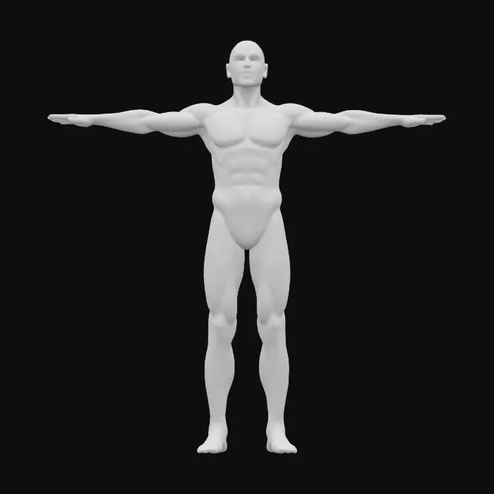 3D model for "A humanoid figure permanently locked in a rigid T-pose, arms perfectly horizontal and back straight with unnatural precision. Their body appears slightly glitched, with subtle pixelation and distortion at the joints. If moved, they instantly snap back into place. Clad in a neutral bodysuit, their expression is eerily calm, exuding absolute god-tier posture. The environment subtly distorts around them, hinting at a reality-breaking anomaly." 