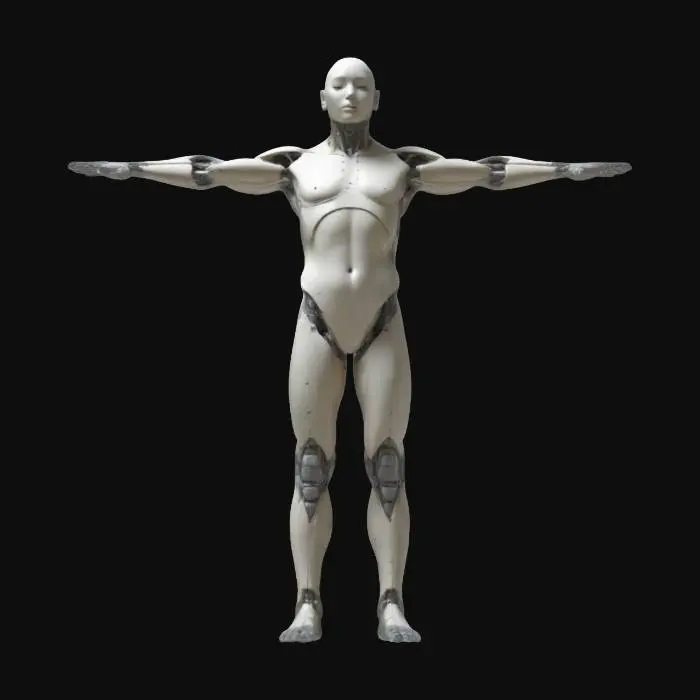 3D model for "A humanoid figure permanently locked in a rigid T-pose, arms perfectly horizontal and back straight with unnatural precision. Their body appears slightly glitched, with subtle pixelation and distortion at the joints. If moved, they instantly snap back into place. Clad in a neutral bodysuit, their expression is eerily calm, exuding absolute god-tier posture. The environment subtly distorts around them, hinting at a reality-breaking anomaly." 