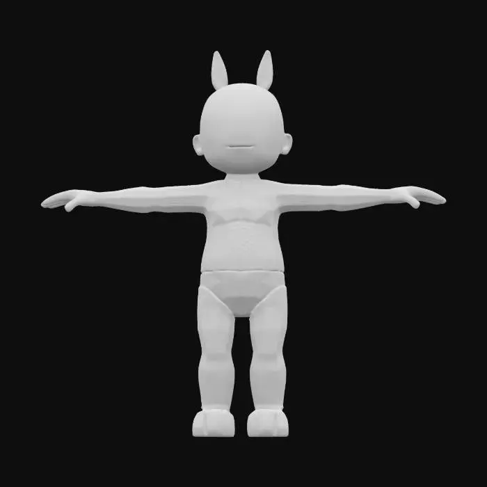 3D model for "A humanoid figure permanently locked in a rigid T-pose, arms perfectly horizontal and back straight with unnatural precision. Their body appears slightly glitched, with subtle pixelation and distortion at the joints. If moved, they instantly snap back into place. Clad in a neutral bodysuit, their expression is eerily calm, exuding absolute god-tier posture. The environment subtly distorts around them, hinting at a reality-breaking anomaly." 