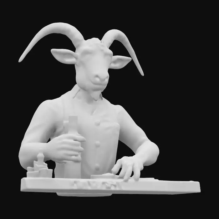 3D model for "Anthropomorphic goat bartender, lanky and awkward, with shaggy off-white fur and crooked little horns. Wearing a stained dress shirt with suspenders slightly askew, always fumbling with a bottle or rag. His expression is nervous but well-meaning, constantly dropping things or spilling drinks. His fur is unkempt with subtle texture details, and his loose clothing adds to his clumsy charm. PBR textures ensure realism while capturing his lovable, bumbling noir aesthetic."