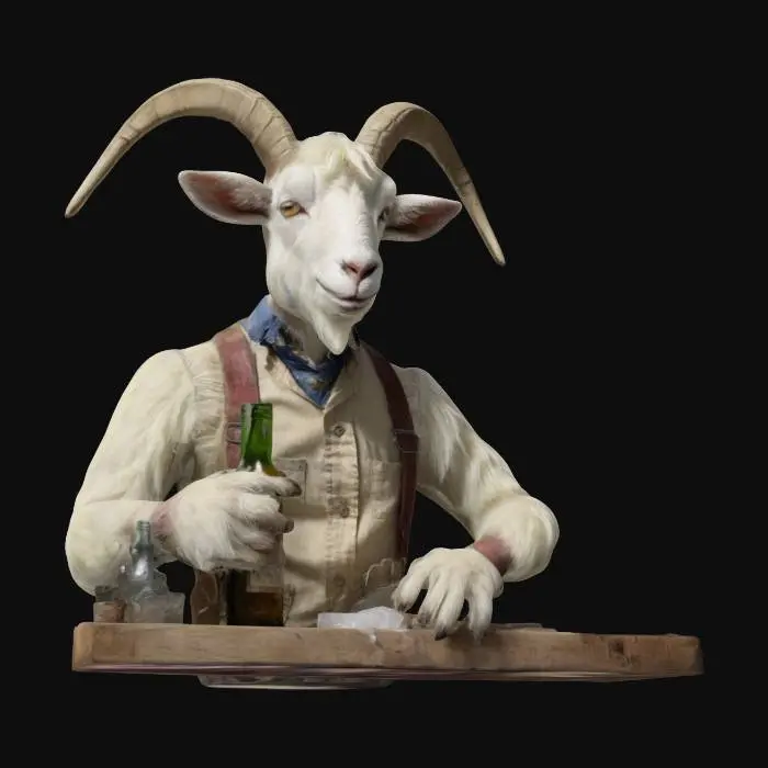 3D model for "Anthropomorphic goat bartender, lanky and awkward, with shaggy off-white fur and crooked little horns. Wearing a stained dress shirt with suspenders slightly askew, always fumbling with a bottle or rag. His expression is nervous but well-meaning, constantly dropping things or spilling drinks. His fur is unkempt with subtle texture details, and his loose clothing adds to his clumsy charm. PBR textures ensure realism while capturing his lovable, bumbling noir aesthetic."