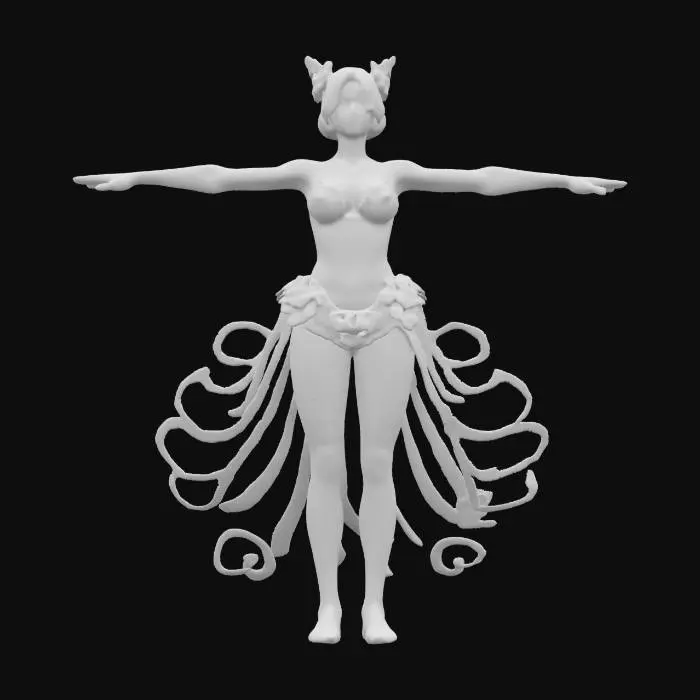 3D model for "A highly detailed, feminine figure sculpted in a flowing, ornamental Rococo style. The body is adorned with intricate swirling patterns, floral carvings, and layered embellishments. The torso features a corset-like structure with finely sculpted lace detailing, while the arms and legs have ribbon-like extensions that flow into the overall composition. The face is delicately sculpted, with serene yet elaborate expressions. The stance is elegant, radiating regal opulence and movement."