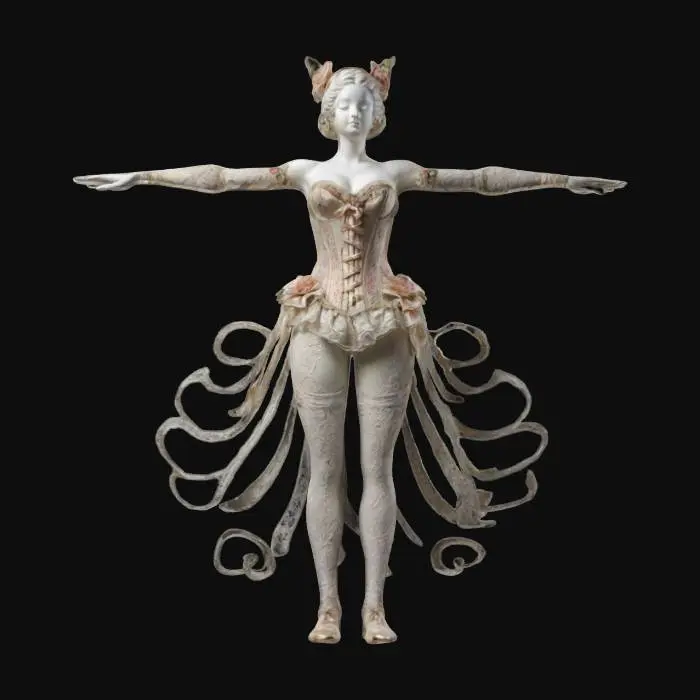 3D model for "A highly detailed, feminine figure sculpted in a flowing, ornamental Rococo style. The body is adorned with intricate swirling patterns, floral carvings, and layered embellishments. The torso features a corset-like structure with finely sculpted lace detailing, while the arms and legs have ribbon-like extensions that flow into the overall composition. The face is delicately sculpted, with serene yet elaborate expressions. The stance is elegant, radiating regal opulence and movement."