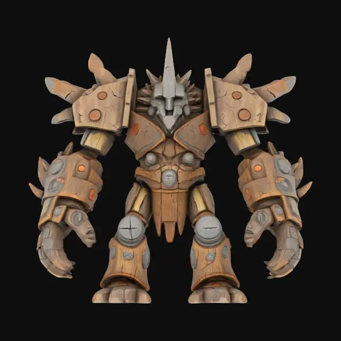 3D model for [Canada]
Object: Shattered Totem Colossus
Material: Splintered ancient wood, rusted iron bands, cracked digital runestones
Shape/Form: Hulking golem stitched together from broken totem poles and magnetic scrap metal
Color Scheme: Decayed wood browns, iron grey, faint flickers of lost neon colors
Texture Details: Splintered and rotten textures, oxidized metal corrosion, fractured holographic runes
Style: Ruined tribal mech fantasy
Environment/Use Context (optional): Rampaging through desolated spirit grounds during the collapse of the northern frontier
Reference Models (optional): Combines ruined forest guardian myths with post-collapse robotics
 #AroundTheWorld#
