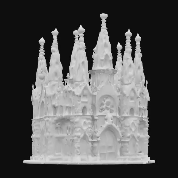 3D model for [France] #AroundTheWorld# A gothic cathedral entirely made of flaky golden croissants and caramelized sugar arches, spiraling upwards with whipped cream spires. The form is exaggeratedly tall and deliciously curved, as if melting upward. Warm gold, creamy white, and amber sugar tones dominate. Texture includes buttery lamination, toasted crisp edges, and glossy glaze. Style: Voxel. Set in a Paris park during sunset, surrounded by coffee carts and pixelated tourists. Inspired by Minecraft aesthetics and French patisserie.
