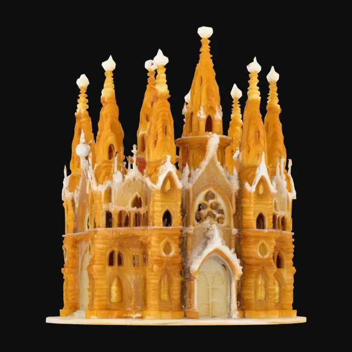 3D model for [France] #AroundTheWorld# A gothic cathedral entirely made of flaky golden croissants and caramelized sugar arches, spiraling upwards with whipped cream spires. The form is exaggeratedly tall and deliciously curved, as if melting upward. Warm gold, creamy white, and amber sugar tones dominate. Texture includes buttery lamination, toasted crisp edges, and glossy glaze. Style: Voxel. Set in a Paris park during sunset, surrounded by coffee carts and pixelated tourists. Inspired by Minecraft aesthetics and French patisserie.
