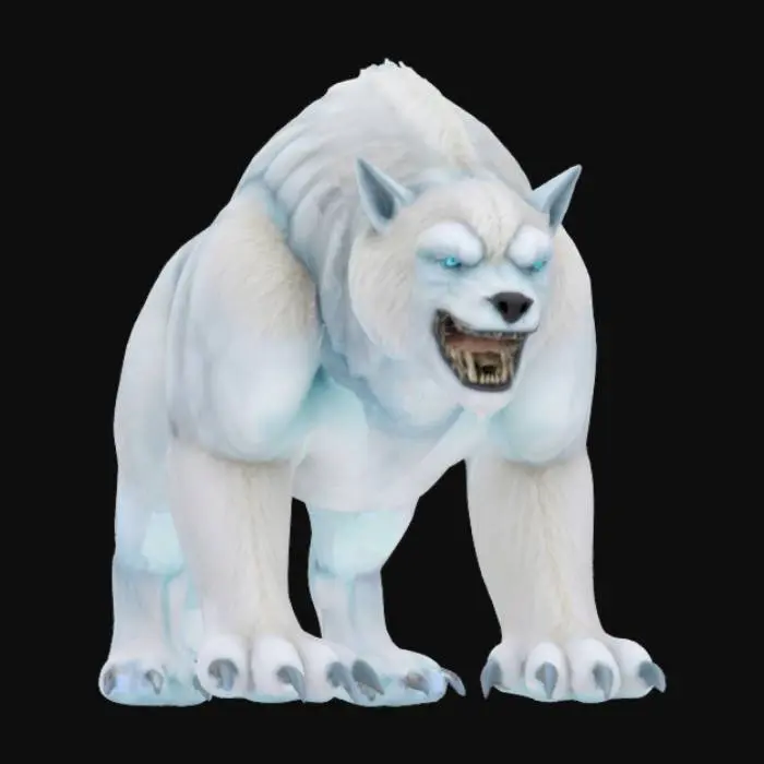3D model for {
  "Object": "Glacier Warg – Arctic Bio-Mount",
  "Material": "Genetically engineered sinew, bone-plated armor, frost-resistant synthetic fur",
  "Shape/Form": "Quadruped predator; massive shoulders; low center of gravity; elongated claws and reinforced jaw; saddle interface integrated into spine",
  "Color Scheme": "Icy white, storm gray, iridescent aurora-blue accents along armor ridges",
  "Texture Details": "Rough bone exoshell, dense layered fur, bioluminescent vein trails visible beneath skin",
  "Style": "Post-apocalyptic biotech creature",
  "Environment/Use Context": "Traversing shattered ice bridges and neon-lit tundra ruins alongside its rider",
  "Reference Models": "Hybrid of dire wolf anatomy, cyber-organic exo-creatures, and Inuit mythic beasts",
, #AroundTheWorld#, 
}
