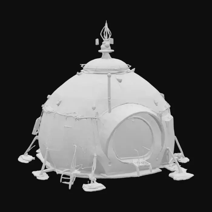 3D model for {
  "Object": "Nomad Ghost Camp – Arctic Outpost",
  "Material": "Foldable graphene panels, bone-framed supports, insulated nano-fabric canopies",
  "Shape/Form": "Low-profile modular dome; retractable observation spire; insulated supply compartments; Warg tether station and hidden entry hatch",
  "Color Scheme": "Frost white, matte gunmetal, faint aurora-light glows along seams",
  "Texture Details": "Smooth thermal-fabric tents, hardened panel ridges, frost-dusted surfaces, light-diffusing textures",
  "Style": "Tactical survivalist shelter with stealth-cloaking features",
  "Reference Models": "A mix of collapsible military outposts, Inuit igloo forms, and sci-fi recon tents",
}, #AroundTheWorld#, 
