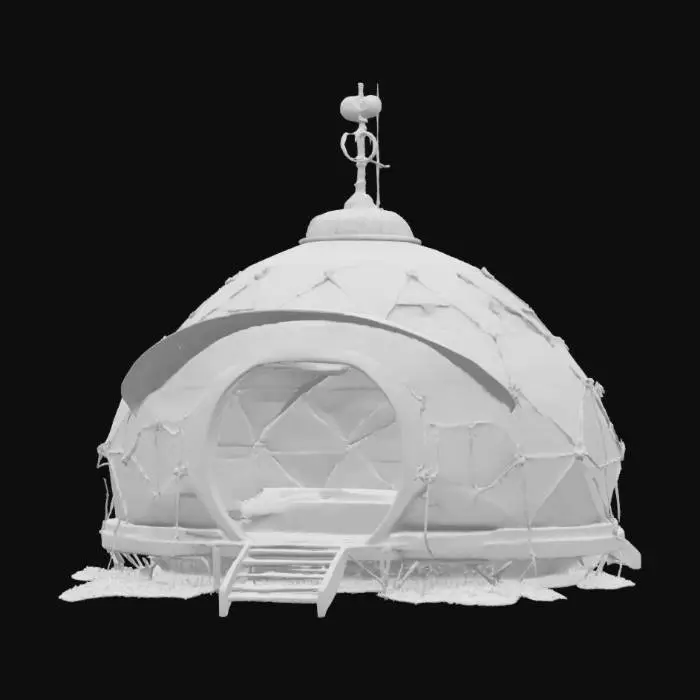 3D model for {
  "Object": "Nomad Ghost Camp – Arctic Outpost",
  "Material": "Foldable graphene panels, bone-framed supports, insulated nano-fabric canopies",
  "Shape/Form": "Low-profile modular dome; retractable observation spire; insulated supply compartments; Warg tether station and hidden entry hatch",
  "Color Scheme": "Frost white, matte gunmetal, faint aurora-light glows along seams",
  "Texture Details": "Smooth thermal-fabric tents, hardened panel ridges, frost-dusted surfaces, light-diffusing textures",
  "Style": "Tactical survivalist shelter with stealth-cloaking features",
  "Reference Models": "A mix of collapsible military outposts, Inuit igloo forms, and sci-fi recon tents",
}, #AroundTheWorld#, 
